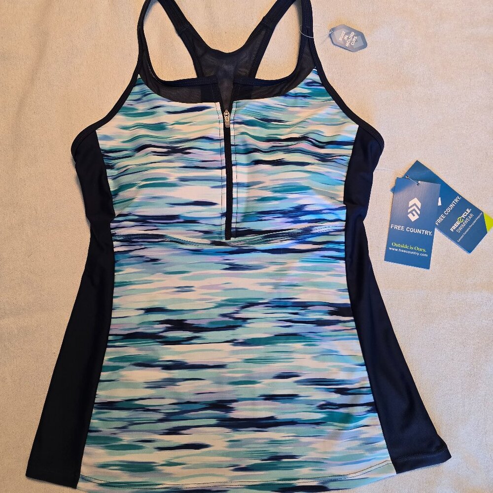 Free Country S Small Sm Zip Front Racerback Tankini Swim Top NWT Blue Print NEW.
